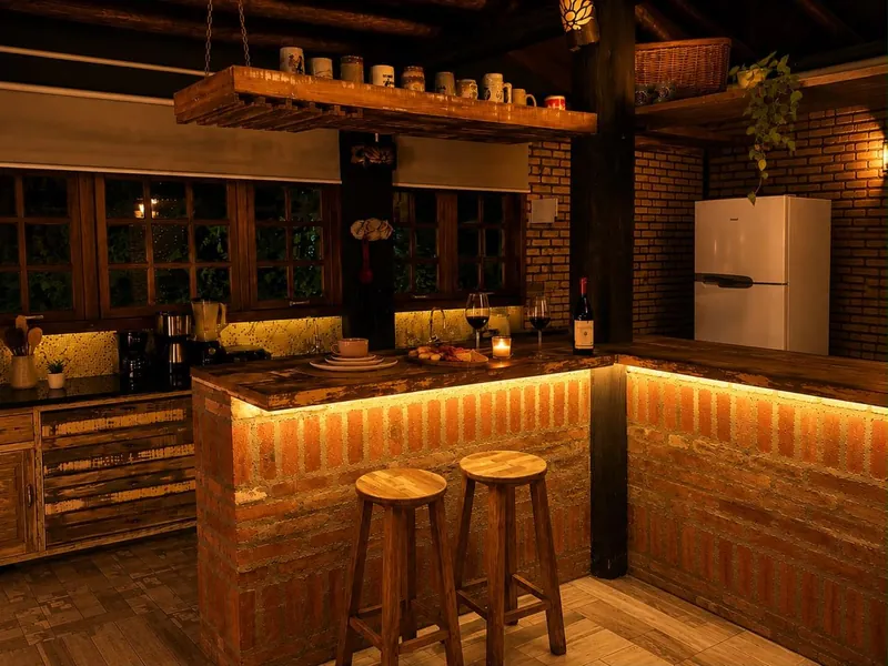 Cozinha com bancada gourmet iluminada