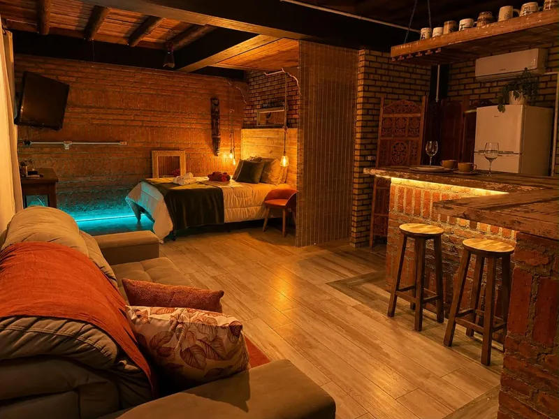 Sala, cozinha e quarto em ambiente integrado