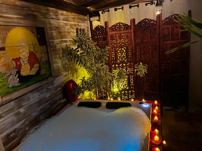 Hidromassagem junto à parede com quadros e plantas