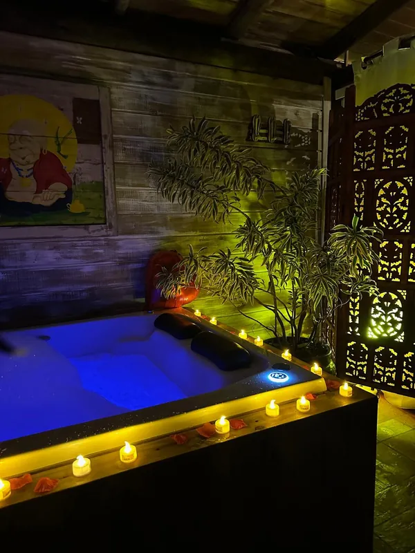Ambiente da hidromassagem com plantas e iluminação azul