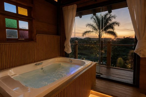Hidromassagem junto à janela e iluminação do ambiente | Chalé Boutique Luz - Praia do Rosa/SC