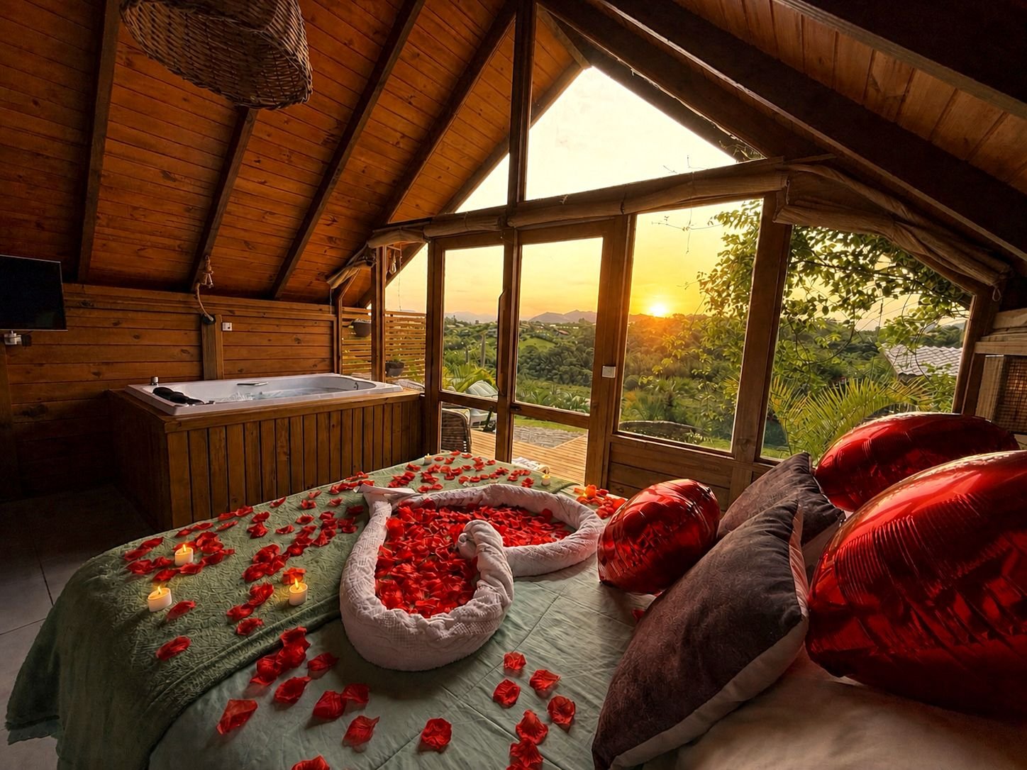Chalé com cama decorada, hidromassagem e vista do pôr do sol